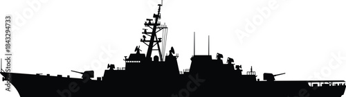 Black Silhouette Vector Outline of a Large Historic Battleship or Heavy Cruiser Warship with Massive Gun Turrets – Naval Power and Military History Isolated on White