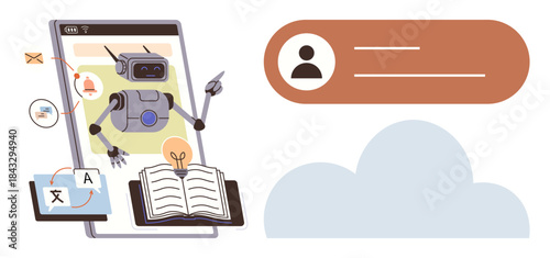 Robot interacts via device interface, surrounded by books, language translation tools, and notification icons. Ideal for technology, education, language, communication, AI learning innovation