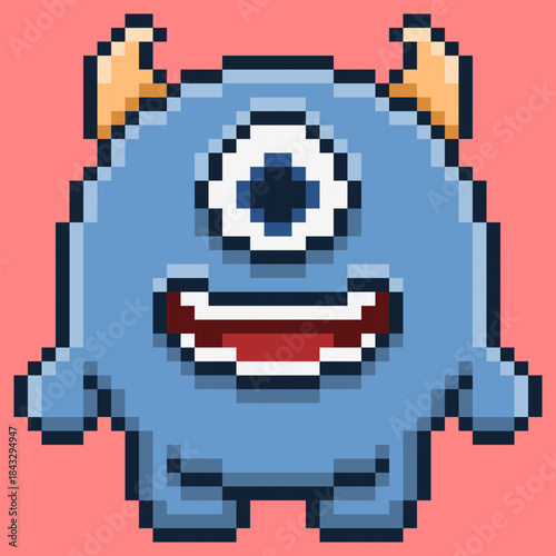 Adorable blue cyclops monster character designed in retro pixel art style. This cute 8-bit creature features a single large eye, small horns, and a friendly smile, perfect for mascot