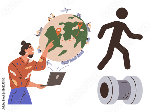 Woman pointing at globe with laptop, showcasing transport, travel, and logistics with airplanes, ships, and pins. Ideal for global mobility, logistics, travel teamwork technology transportation