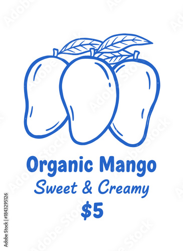 Organic Mango Fruit Sticker.Blue Produce Market Sign.Hand Drawn Tropical Mango Label.Sweet Creamy Fruit Doodle Art.Retro Farmers Market Vector Icon