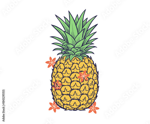 Tropical Pineapple Sketch Art.Hand Drawn Summer Fruit Design.Hawaiian Ananas Illustration.Vintage Tiki Pineapple Artwork.Exotic Fruit Apparel Print