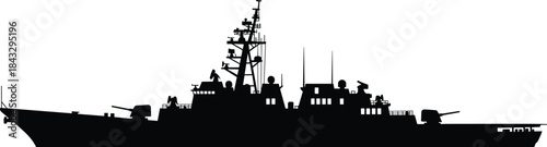 Black Silhouette Vector Outline of a Modern Navy Frigate or Light Destroyer Warship – Military, Defense, and Maritime Security Graphic Isolated on White Background