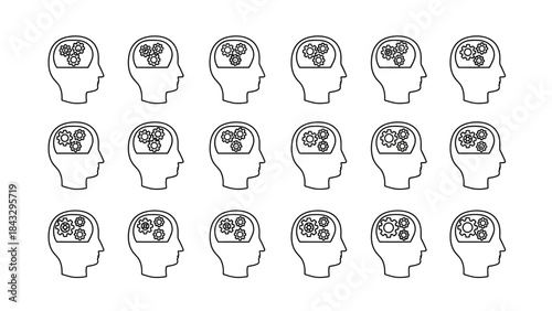 Seamless pattern of human head profiles with internal gears representing thinking concepts