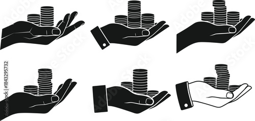 Hands holding coin stacks, financial concept, wealth symbol, savings illustration, economic support, black silhouette, vector icon, money gesture, banking design