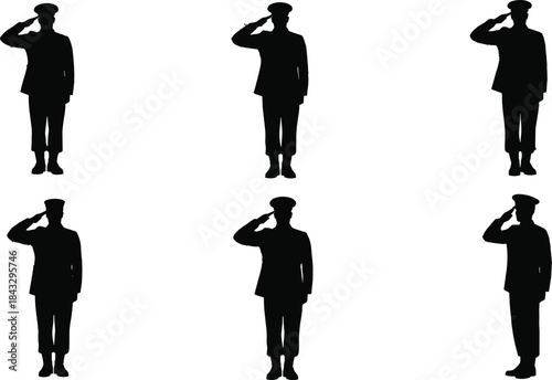 Military salute silhouette set, uniformed figures, standing posture, respect gesture, soldier icons, army graphic, dark tribute illustration