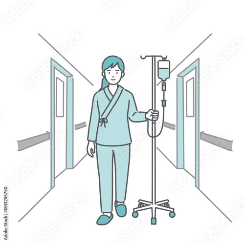 病院の廊下を点滴スタンドを押して歩く女性患者（入院生活）