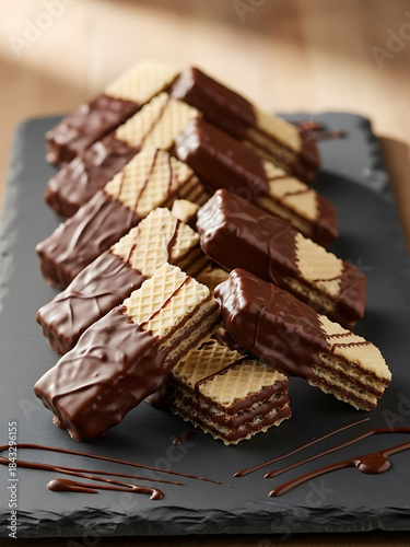 Delicious chocolate-dipped wafer cookies stacked on a dark slate platter with chocolate drizzle, ready to be enjoyed.