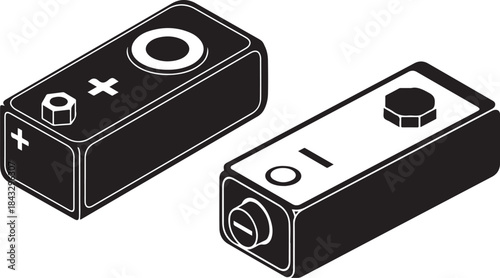 Black and white isometric illustration showing two 9-volt batteries with terminals