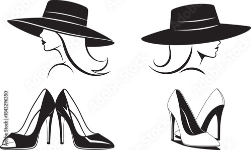 Minimalist black and white vector design of elegant women's hats and high heels