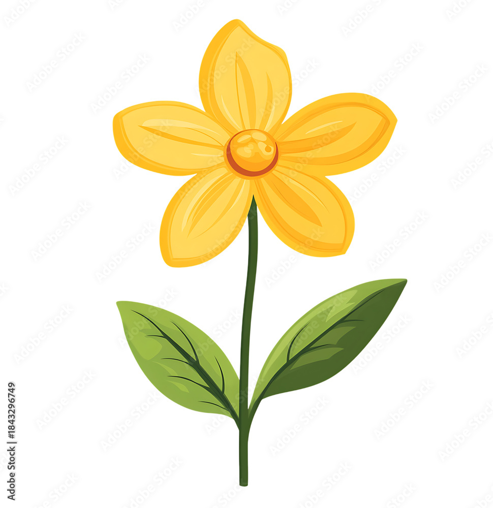 Fototapeta premium Bright Yellow Flower with Green Leaves on Transparent Background Illustration