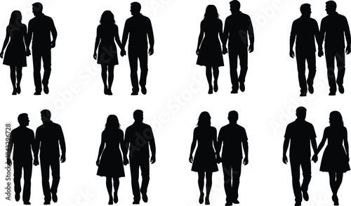 Couple silhouettes walking together, diverse romantic relationships, black vector figures holding hands, illustration for love and togetherness design.