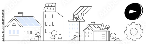 Sustainable energy, renewable resources, eco-city planning, green architecture, environmental sustainability, clean energy. Urban buildings and houses with solar panels and greenery. Sustainable