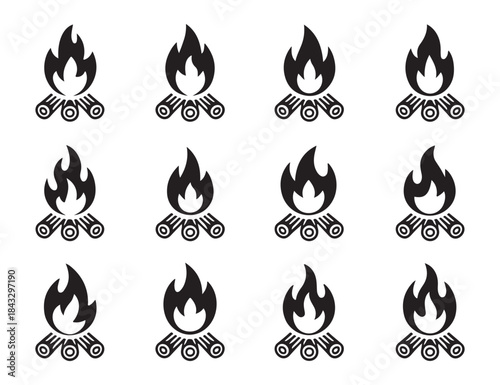 Collection of black campfire icons with stacked rounded logs, ideal for outdoor and wilderness design projects