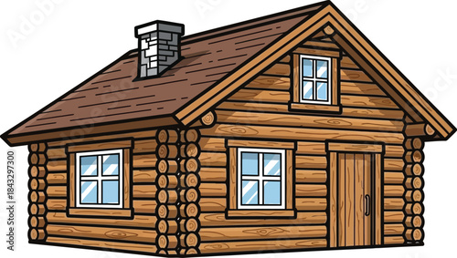 Detailed illustration of a rustic log cabin with chimney and windows on transparent background