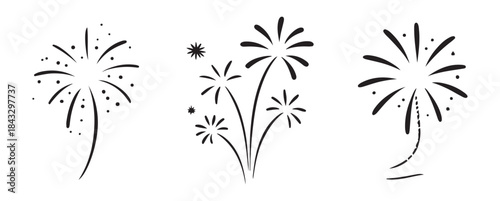 Fireworks black simple line vector icon set. Celebration explosion in sky, festive salute with stars