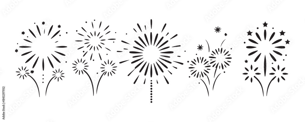 Obraz premium Collection of various firework designs featuring star and dot details for diverse celebratory occasions