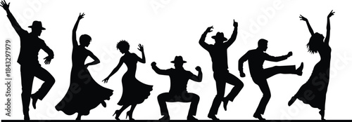 Dynamic black silhouettes of diverse people performing a high-energy group dance, illustrating freedom, celebration, movement, party, and theatrical performance.