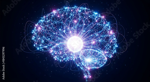Digital artificial intelligence brain with glowing neural network and data connections
