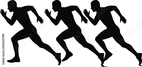 Dynamic silhouette of three male runners sprinting in a competitive race, symbolizing speed, endurance, and athletic performance against a white background.