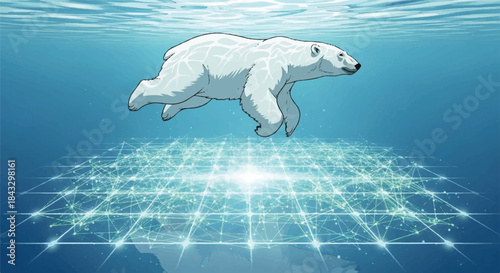 Polar Bear Swimming Underwater in Clear Blue Water with a Digital Wireframe Grid Pattern Below, Symbolizing Technology and Climate Change