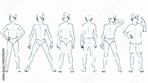 Hand Drawn Male Human Figure Sketches with Anatomy Guidelines for Drawing Practice, Isolated