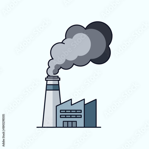 Factory emitting smoke from a chimney with a building.