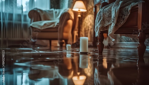 Home floor, water damage, reflect.