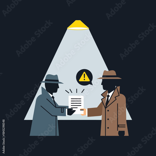Two men in hats exchange a document under a spotlight.