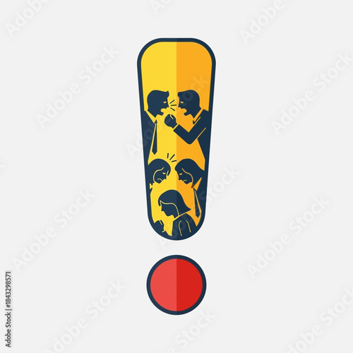 Silhouettes of people arguing inside an exclamation mark.