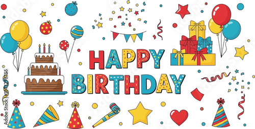Colorful birthday illustration with balloons cake gifts and confetti on transparent background