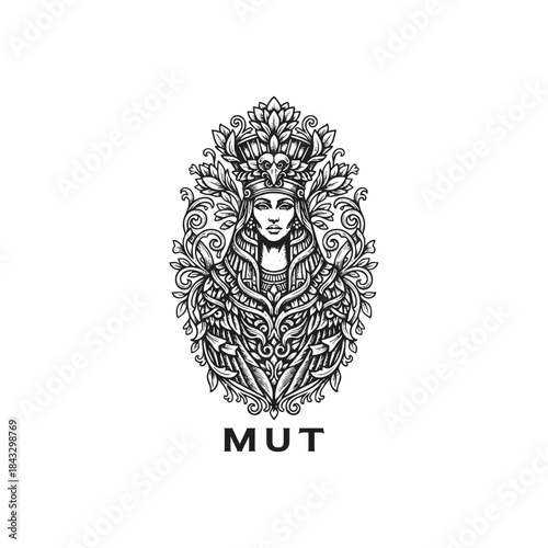 Elegant hand-drawn black and white illustration of the Egyptian mother goddess Mut, featuring a regal vulture headdress and intricate floral plumage in a symmetrical oval composition