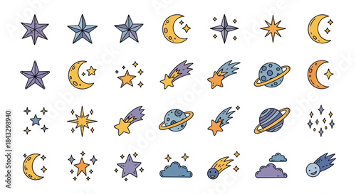 Celestial Icons: Stars Moons Planets and Shooting Stars.