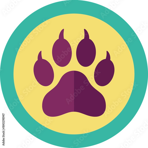 A purple paw print inside a yellow circle with a teal border.
