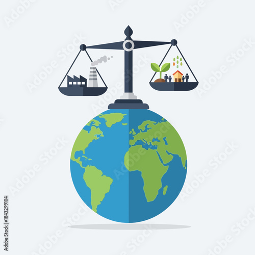 Scales balance industry against nature and human life on earth.