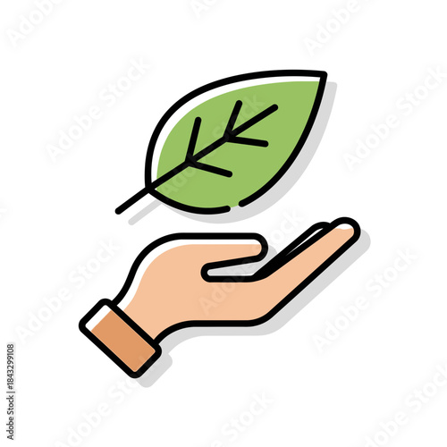 Hand holding a green leaf, symbolizing care and nature.