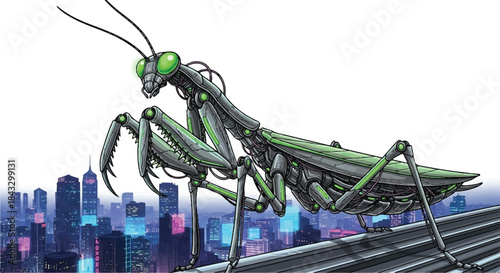 Futuristic Cybernetic Praying Mantis Robot with Glowing Green Armor Standing on a Structure Above a Blurry Cityscape