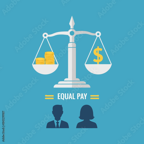 Balance scale shows coins and dollar sign, representing equal pay.
