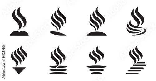 Set of eight abstract flame icons in black on a white background depicting rising smoke and different bases