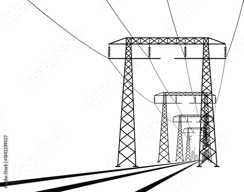 High-Voltage Electrical Power Transmission Lines and Towers Perspective Silhouette, Energy Supply, Infrastructure, and Industrial Vector Illustration.