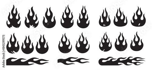 Collection of black flame design elements and borders on a white background illustrating various fire shapes