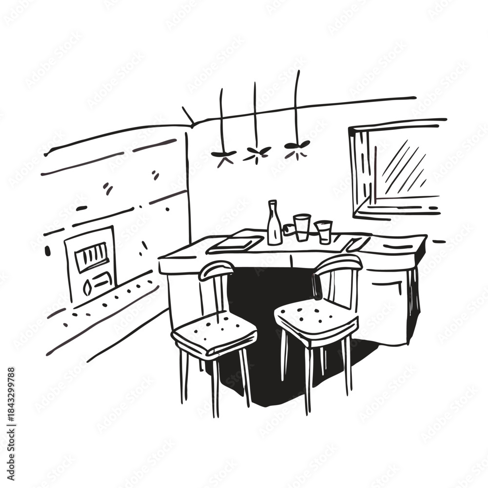 Fototapeta premium Vector illustration set featuring hand-drawn sketches of house interiors with furniture including tables, chairs, and office room design elementsWould you like me to generate more variations of this