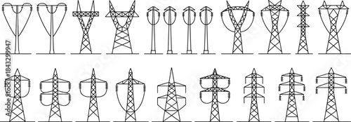 Large collection of black outline vector icons featuring diverse high voltage electricity transmission towers and metal power line pylons on white background.