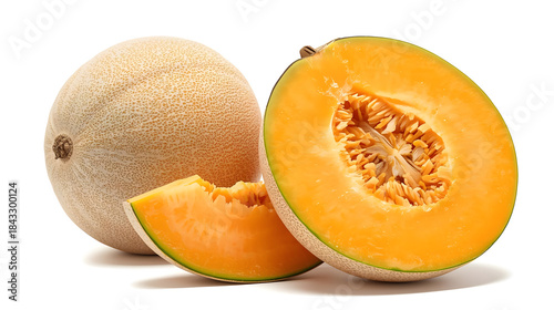 cantaloupe whole half and slice isolated
