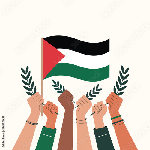 Diverse hands holding olive branches, symbolizing a collective plea for peace and solidarity