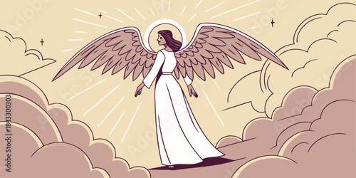 Serene angelic figure with large wings and a glowing halo standing amidst soft clouds and divine light