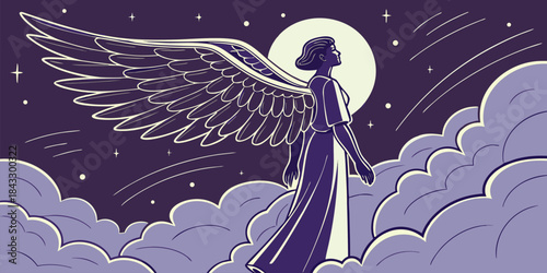 Serene winged figure ascending through dark clouds toward a bright full moon in a starry night sky