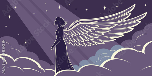 Serene angelic figure with large feathered wings stands above clouds bathed in divine celestial light