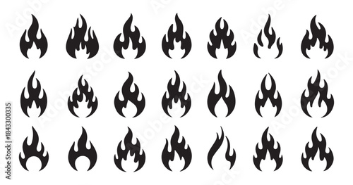 Set of black silhouette fire flames isolated on white background art graphic design element collection template