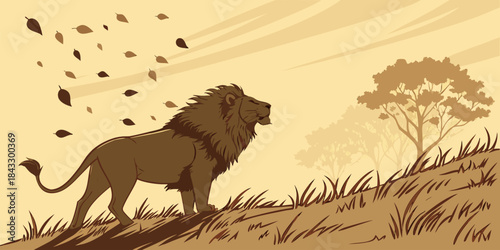 Majestic lion stands proudly on a grassy savanna hill as autumn leaves blow past in the wind
